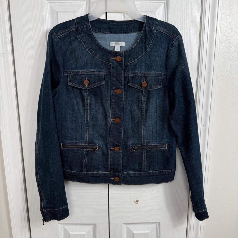 New York & Company Denim Jacket S Blue Collarless Dark Wash Zipper Detail Y2K